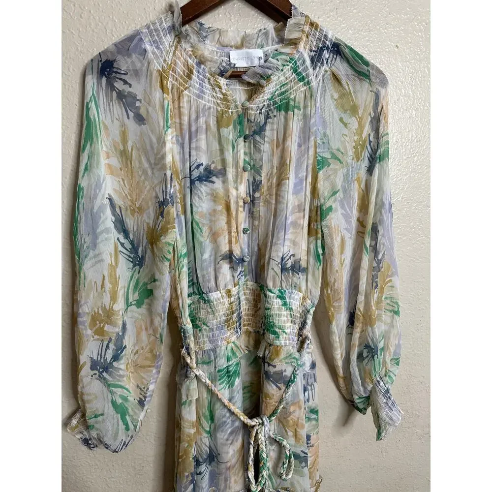 Christy Lynn Florence Maxi Dress Womans M NWOT 100% Silk Smocked Palm Print